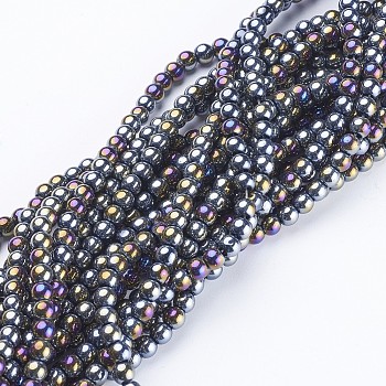 Glass Beads Strands, Round, Black, AB Color Plated, The beads about 4mm in diameter, hole: 1mm, about 80pcs/strand, about 13 inch/strand