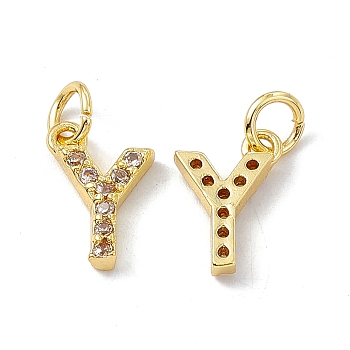 Real 18K Gold Plated Brass Micro Pave Clear Cubic Zirconia Charms, with Jump Ring, Letter.Y, 12x8x2.5mm, Hole: 3.4mm
