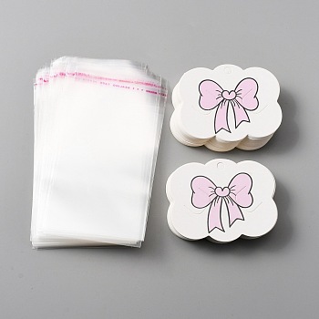 100Pcs Paper Hair Clip Display Cards, with 100Pcs OPP Bags, Cloud with Pink Bowknot Pattern, White, Paper Card: 6.9x8.5x0.04cm, Hole: 6mm