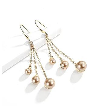 Vintage Imitation Pearl Dangle Earrings, Brass Chains Tassel Earrings for Women, Champagne Yellow, 72.5x14mm, Pin: 0.8mm