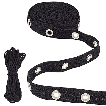 Cotton Ribbons with Eyelet Rings, with Cotton String Threads, for Garment Accessories, Black, Ribbons: 20x2mm, Hole: 6mm, about 5 yards(4.572m), Threads: 3mm, 10m