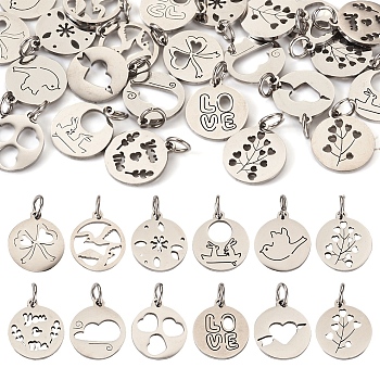 Pandahall 24Pcs 12 Styles 304 Stainless Steel Charms, with Jump Ring, Stainless Steel Color, Hollow, Flat Round Charm, Mixed Shapes, 13.5x12x1mm, Hole: 3.6mm, 2pcs/style