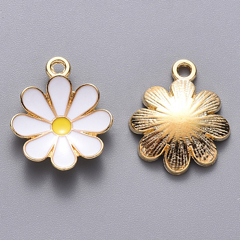 Alloy Enamel Pendants, Flower, Light Gold, White, 19x16x3.5mm, Hole: 1.8mm