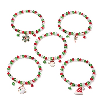 Christmas Theme Alloy Enamel Charms Bracelets, Glass Beads Stretch Bracelets, Mixed Color, Inner Diameter: 2-1/8 inch(5.5cm)