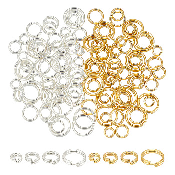 120Pcs 8 Styles Brass Split Rings, Lead Free & Cadmium Free, Double Loops Jump Rings, Mixed Color, 4~8x1.7~2mm, Inner Diameter: 3~6.3mm, 15pcs/style