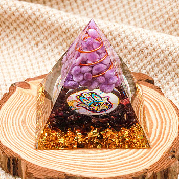 Resin Orgonite Pyramid Home Display Decorations, with Natural Gemstone Chips, Orchid, 50x50x50mm