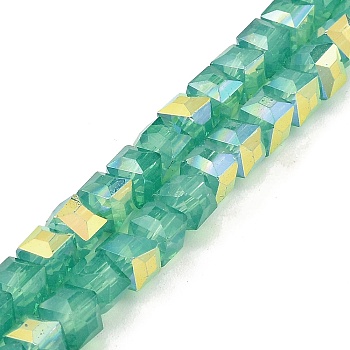 Baking Painted Glass Beads Strands, Imitation Opalite, Faceted, AB Color Plated, Cube, Medium Aquamarine, 6.5x6.5x6mm, Hole: 1.2mm, about 95pcs/strand, 22.83~23.03''(58~58.5cm)