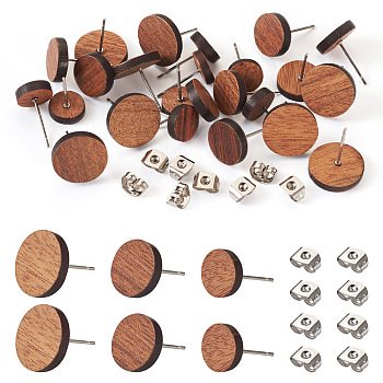 Pandahall 24Pcs 3 Styles Walnut Wood Flat Round Stud Earrings with 304 Stainless Steel Pin for Women, with 30Pcs Stainless Steel Friction Ear Nuts, Saddle Brown, 8~12mm, Pin: 0.7mm, 8Pcs/style