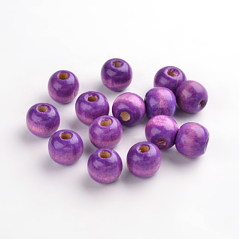 Natural Wood Beads, Round, Dyed, Fuchsia, 11x12mm, Hole: 4mm