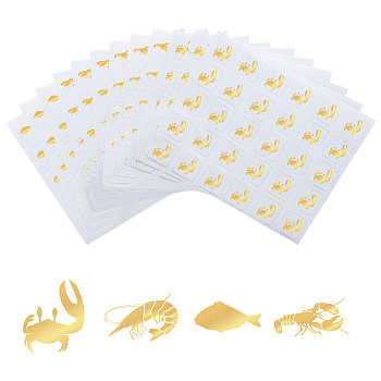 40 Sheets 4 Patterns PVC Waterproof Self-Adhesive Sticker Sets, Cartoon Decals for Gift Cards Decoration, Gold Color, Ocean Themed Pattern, 165x140x0.2mm, Sticker: 25x25mm, 30pcs/sheet, 10 Shees/pattern