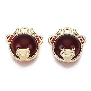 Brass Enamel Resin Pendants, with Resin Imitation Cat Eye, Nickel Free, Real 18K Gold Plated, Cattle, Dark Red, 12x12x6mm, Hole: 1.2mm