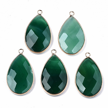 Natural Agate Pendants, with Light Gold Tone Brass Edge and Loops, Dyed, Faceted, Teardrop, Green, 37x21x5~6mm, Hole: 2.5mm