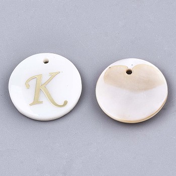 Natural Freshwater Shell Pendants, with Golden Plated Brass Etched Metal Embellishments, Flat Round with Letter, Letter.K, 15x2mm, Hole: 1.2mm