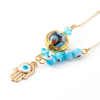 Alloy Enamel Hamsa Hand with Evil Eye Pendant Necklaces, with Lampwork Beads and Brass Cable Chains, Golden, Dodger Blue, 17.91 inch(45.5cm)