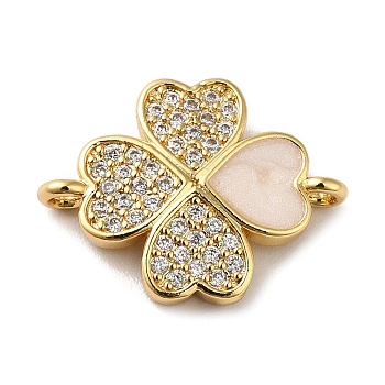 Eco-Friendly Rack Plating Brass Micro Pave Clear Cubic Zirconia Connector Charms, with Enamel, Long-Lasting Plated, Lead Free & Cadmium Free, Clover, Real 18K Gold Plated, 13.5x17.5x3mm, Hole: 1.4mm