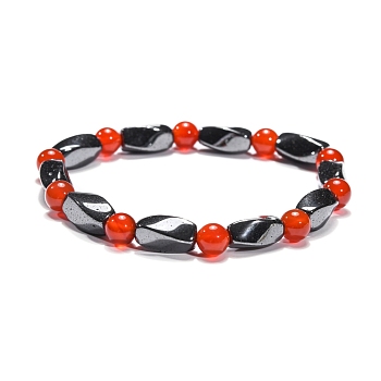 Round Natural Carnelian Stretch Bracelets, with Non-Magnetic Synthetic Hematite Beads and Elastic Cord, 50mm
