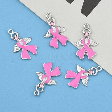 Breast Cancer Awareness Ribbon with Angel Wing Platinum Color Pearl Pink Alloy Rhinestone Enamel Pendants(X-ENAM-D001-2)-6
