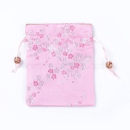 Silk Packing Pouches, Drawstring Bags, with Wood Beads, Pink, 14.7~15x10.9~11.9cm(ABAG-L005-C03)