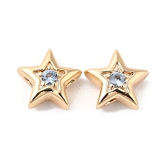 Brass with Cubic Zirconia Beads Beads, Real 18K Gold Plated, Star, Azure, 7.5x8x3mm, Hole: 1mm(KK-K333-29G-04)