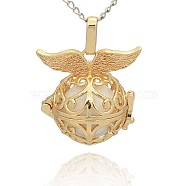 Golden Tone Brass Hollow Round Cage Pendants, with No Hole Spray Painted Brass Ball Beads, White, 28x27x20mm, Hole: 3x8mm(KK-J237-07G)
