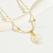Natural Shell Maple Leaf Pendant Necklace with Glass Beaded Chains, Seashell Color, 16.54 inch(42cm)(WZ3192)