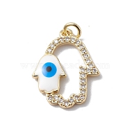 Rack Plating Brass Micro Pave Clear Cubic Zirconia Pendants, with Enamel & Jump Ring, Lead Free & Cadmium Free, Long-Lasting Plated, Double Hamsa Hand with Evil Eye Charm, Real 18K Gold Plated, 21x15x3mm, Hole: 3mm(KK-H434-38G)