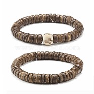 Flat Round Coconut Beads Stretch Bracelets Set, for Men Woman, Mixed Color, Inner Diameter: 2-1/8~2-1/4 inch(5.5~5.7cm), 2pcs/set(BJEW-JB07010)