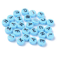 Opaque Acrylic Beads, Silver Metal Enlaced, Horizontal Hole, Flat Round with Random Letters, Light Sky Blue, 10x6mm, Hole: 2mm, about 1560pcs/500g(MACR-S273-49A)