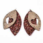 PU Leather Big Pendants, with Pailette/Sequins and Platinum Tone Iron Jump Rings, Horse Eye with Heart, Dark Red, 71x33x4mm, Hole: 5mm(FIND-R084-05)