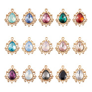 30Pcs 15 Colors Resin Rhinestone Pendants, with Light Gold Alloy Findings, Teardrop, Mixed Color, 24.5x19x5~10.5mm, Hole: 1.8~2mm, 2pcs/color(RESI-KS0001-14)