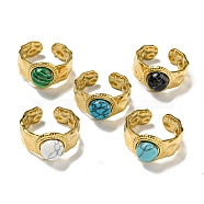 304 Stainless Steel Open Cuff Rings, Synthetic Malachite & Turquoise Round Wide Band Rings for Women Men, Real 18K Gold Plated, Adjustable(RJEW-C079-18G)