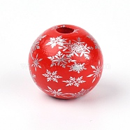 Natural Wood Beads, Round with Snowflake, Christmas Theme, Red, 1.6x1.5cm, Hole: 3.5mm(WOOD-TAC0007-53B)