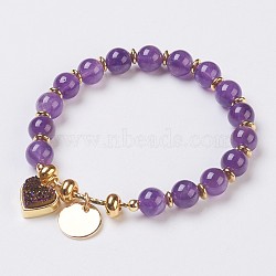 Natural Amethyst Beads Stretch Bracelets, with Electroplate Natural Druzy and Brass Findings, Heart and Flat Round, 2-1/8 inch(5.5cm), Charms: 12~13x12x1~7mm(BJEW-I261-01E)