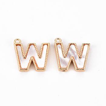 Brass Charms, with Shell, Real 18K Gold Plated, Nickel Free, Letter.W, 11x11x2mm, Hole: 1mm