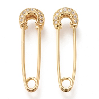 Brass Micro Pave Clear Cubic Zirconia Safety Pins, Long-Lasting Plated, Golden, 33~35x8.5x4.5mm, Pin: 1mm