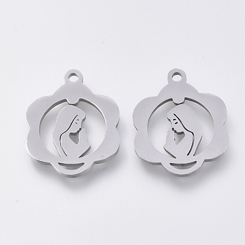 201 Stainless Steel Pendants, Laser Cut Pendants, Flower with Girl, Stainless Steel Color, 17.5x14x1mm, Hole: 1.2mm