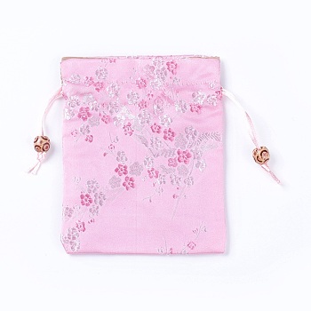 Silk Packing Pouches, Drawstring Bags, with Wood Beads, Pink, 14.7~15x10.9~11.9cm