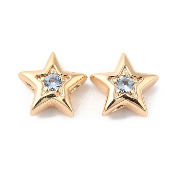Brass with Cubic Zirconia Beads Beads, Real 18K Gold Plated, Star, Azure, 7.5x8x3mm, Hole: 1mm