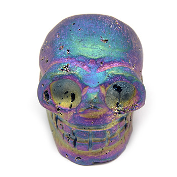 Electroplated Natural Druzy Geode Agate Home Display Decorations, Matte Style, Skull, Colorful, 39~41x35~36x48~50mm