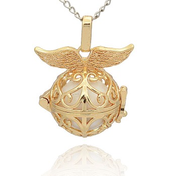 Golden Tone Brass Hollow Round Cage Pendants, with No Hole Spray Painted Brass Ball Beads, White, 28x27x20mm, Hole: 3x8mm