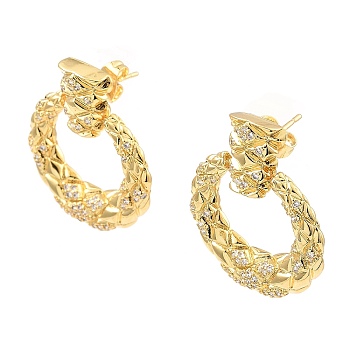Rack Plating Brass Micro Pave Clear Cubic Zirconia Dangle Stud Earrings, Double Horn, Real 16K Gold Plated, 30x25mm