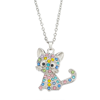 1Pc Alloy Colorful Rhinestone Kitten Cat Shape Pandant Necklaces, Stainless Steel Cable Chain Necklaces for Women, Platinum & Stainless Steel Color, 17.83 inch(45.3cm)