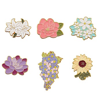 6Pcs 6 Style Flower Enamel Pins, Alloy Badges for Backpack Clothes, Golden, Mixed Color, 22~45x24~29.5x9mm, 1pc/style