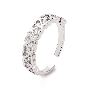 Clear Cubic Zirconia Heart Wrap Open Cuff Ring, Brass Jewelry for Women, Platinum, Inner Diameter: 17.6mm