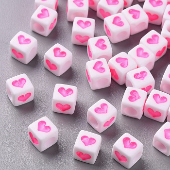 White Opaque Acrylic Beads, Cube with Heart, Hot Pink, 6.5x6x6mm, Hole: 3mm