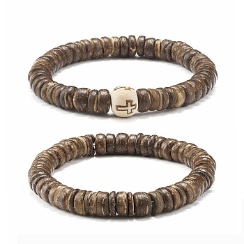 Flat Round Coconut Beads Stretch Bracelets Set, for Men Woman, Mixed Color, Inner Diameter: 2-1/8~2-1/4 inch(5.5~5.7cm), 2pcs/set