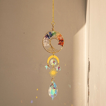 Natural Gemstone Chip Pendant Decorations, Suncatchers, with Glass, Tree of Life, 380x51mm, crystal: 38x22x12mm