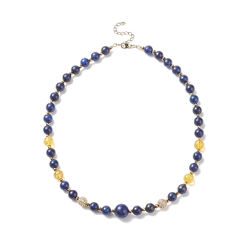 Natural Lapis Lazuli & Quartz Crystal & Cubic Zirconia Round Beaded Necklace, Gemstone Jewelry for Women, Midnight Blue, 17.72 inch(45cm)