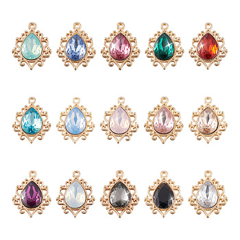 30Pcs 15 Colors Resin Rhinestone Pendants, with Light Gold Alloy Findings, Teardrop, Mixed Color, 24.5x19x5~10.5mm, Hole: 1.8~2mm, 2pcs/color