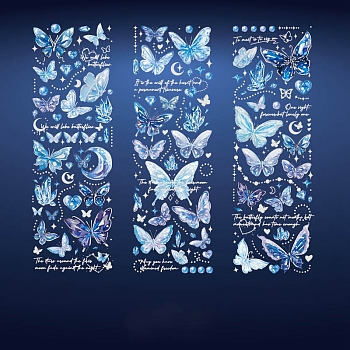 3 Sheets Hot Stamping PVC Waterproof Decorative Stickers, Self-adhesive Butterfly Decals, for DIY Scrapbooking, Royal Blue, 180x60mm